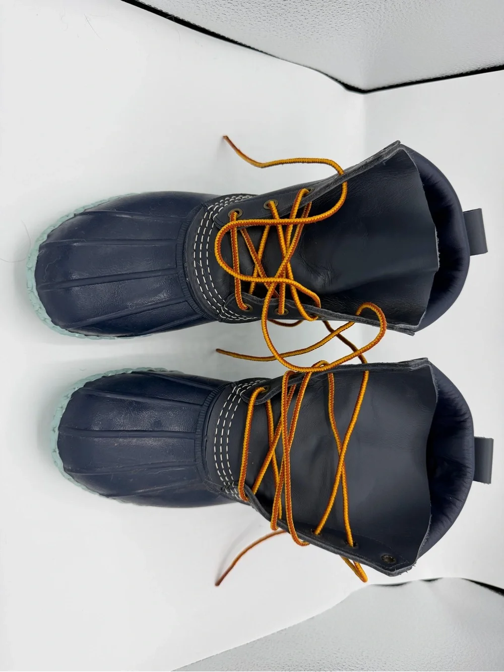 L.L.Bean Bean Boots Women’s 8 Navy Blue Leather Orange Lace Aqua Sole Maine